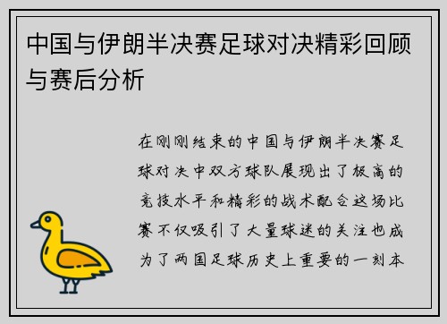 中国与伊朗半决赛足球对决精彩回顾与赛后分析